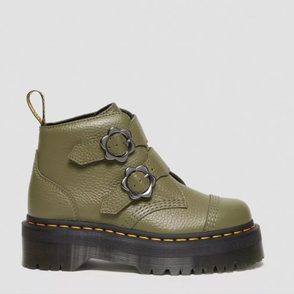 Dr. Martens Devon Flower Buckle Platform Boots in Khaki Green - Picture 3 of 8